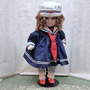 18" Vintage Doll Blue Sailor Girl Outfit Midcentury Nautical Decor